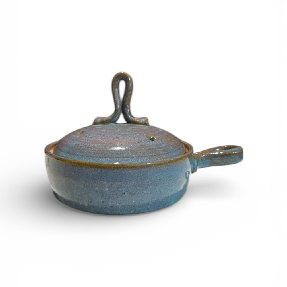 Pottery/ Ceramic Steamer W/ Lid. Blue/Gray 8โ-Handle 5.75x1.5 Artisan Rustic